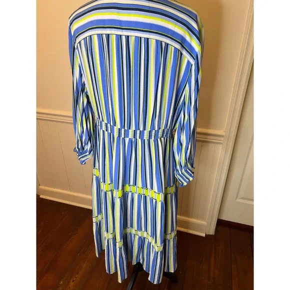 JOHN MARK Striped V Neck Tiered Midi Dress Blue Yellow Embellished Size L - Picture 11 of 13